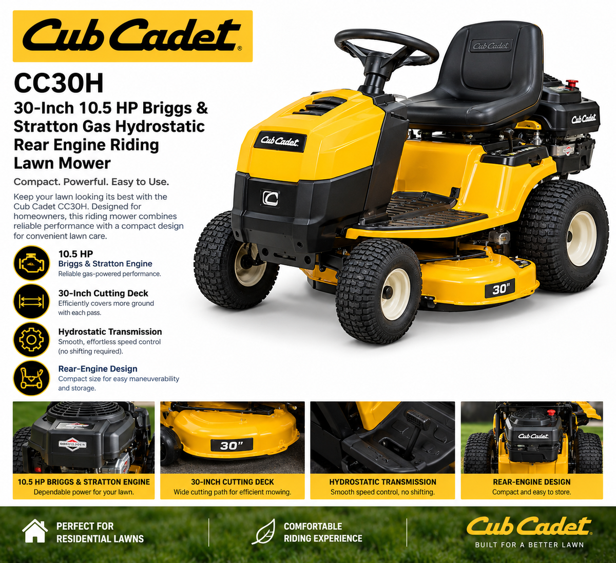 Cub Cadet CC30H 30-Inch Hydrostatic Riding Lawn Mower | 10.5 HP